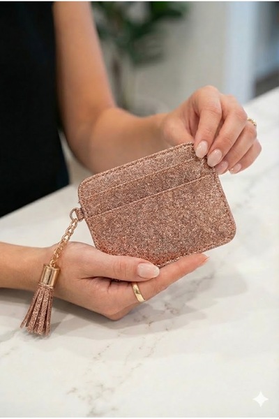 PurpleART Γυναικεία Μίνι θήκη για κάρτες με γκλίτερ και φούντες 8x10cm