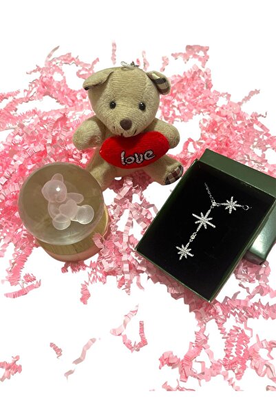 Happy Box Hediyelik Taşlı Kolye Işıklı Cam Küre Peluş Love Ayıcık Sevgililer ...