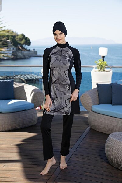 Estiva Γυναικείο μαγιό με μοτίβο με μισό φερμουάρ, μαύρο