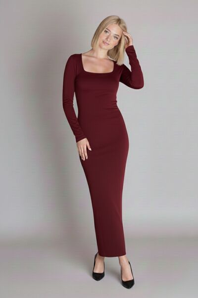 moddosa fashion Kadın Kare Yaka Düz Uzun Kollu Uzun Elbise