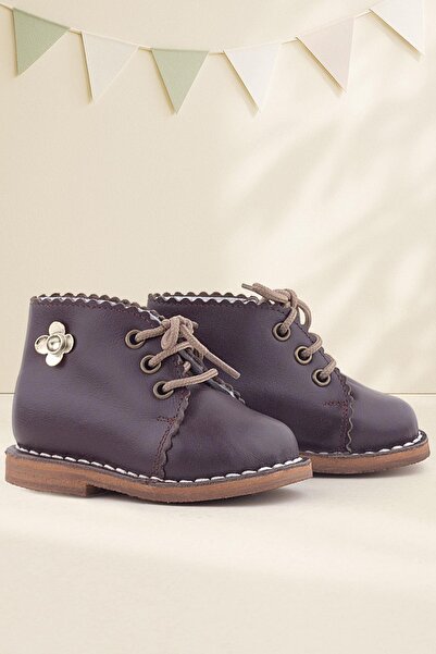 Rakerplus Handmade Hakiki Deri Kahverengi Çiçek Detaylı Bağcıklı Bebek Bot