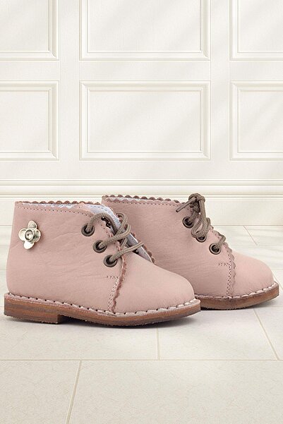 Rakerplus Handmade Hakiki Deri Pembe Çiçek Detaylı Bağcıklı Bebek Bot