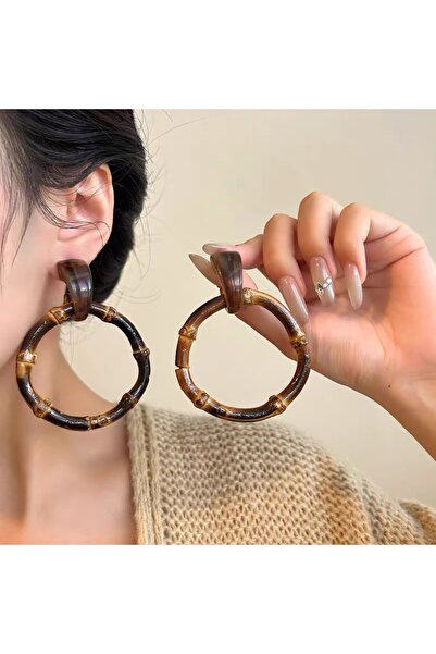 Pelin Aksesuar Koyu Kahve Bambu Görünümlü Büyük Halka Küpe