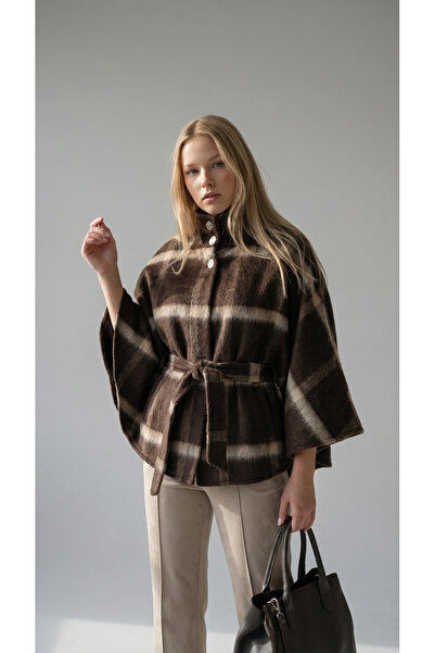 Matcha Butik معطف بانشو نسائي منقوش باللون البني