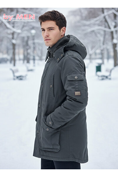 DYNAMO Men's Hooded Fur Lined Waterproof Coated Thick Coat