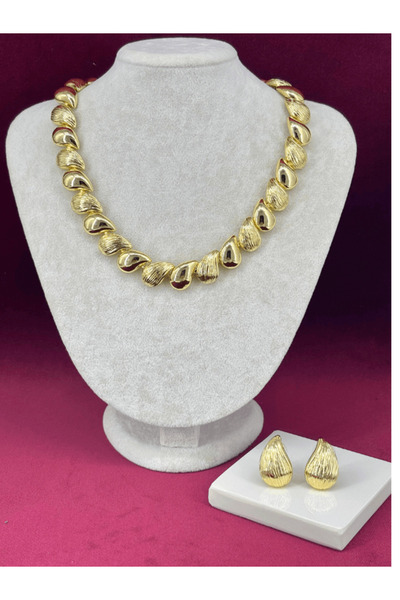 Calista Aksesuar Parlak ve Desenli Altın Renkli Damla Şekilli Gold Set