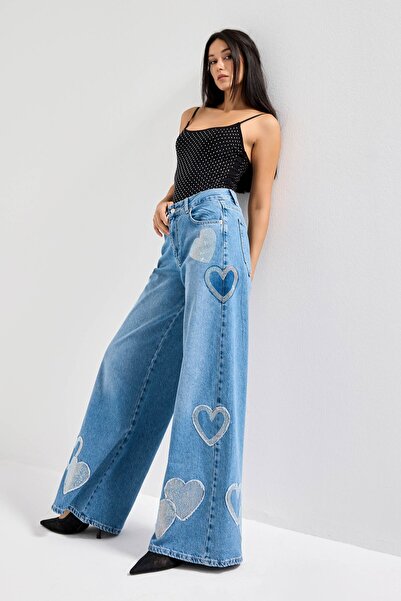 it's basic Női farmer színű 2S54 fényes strasszos szív részlet, laza kivitelű farmer