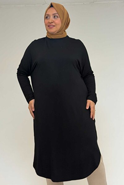 Eslina 38110 Large Size Low Sleeve Combed Cotton Tunic-Black