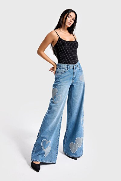 it's basic Női farmer színű 2S54 fényes strasszos szív részlet, laza kivitelű farmer