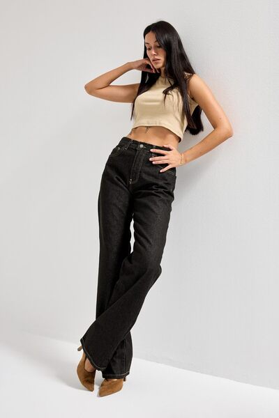 it's basic Women's Dark Denim Water Wash Color 7W5-132 Loose Fit Mid Waist 100% Cotton Inner Length 80cm Denim Jean