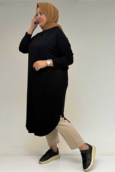 Eslina 38110 Large Size Low Sleeve Combed Cotton Tunic-Black
