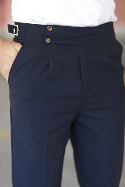 Gussi Navy Blue Old Money Pleated Stretch Fabric Fabric Trousers