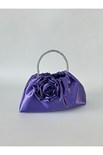 posst bag Geantă de mână pentru rochie de seară din satin mov cu trandafiri