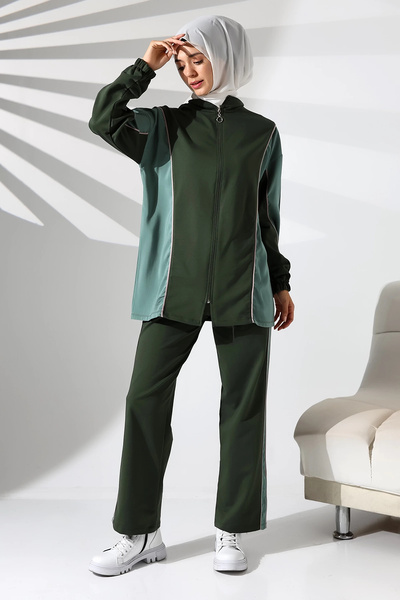 Mihran Butik Women's Seasonal Combed Cotton Bottom Top Sports and Comfortable Khaki Hijab Set