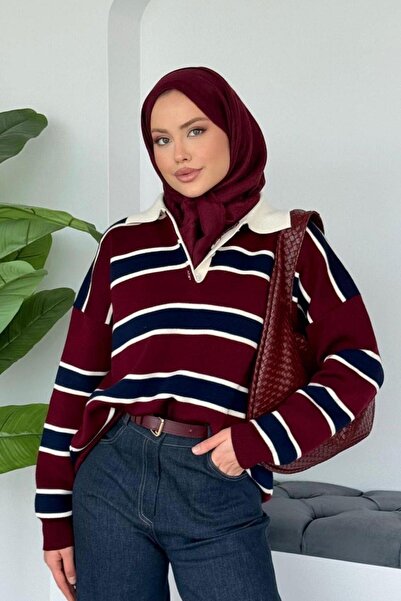 Şulemoda Giyim سترة ليفا مخططة باللون الأحمر الداكن