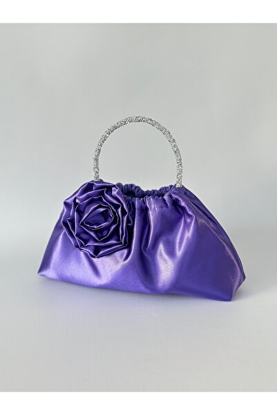 posst bag Geantă de mână pentru rochie de seară din satin mov cu trandafiri