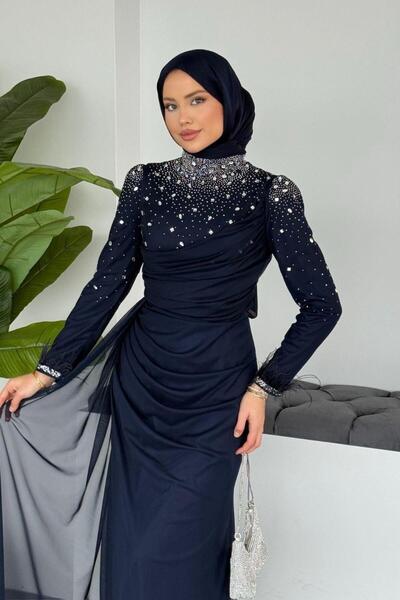 Şulemoda Giyim Βραδινό φόρεμα με μανσέτες από τούλι με πούπουλα σε μπλε ναυτικό