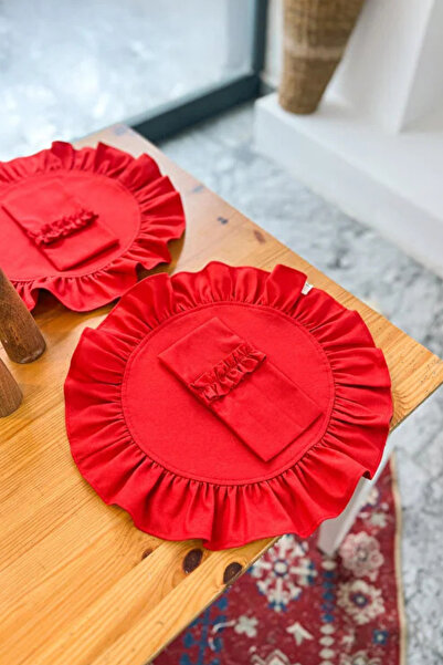 KaiHome طقم مائدة أمريكي دائري من قطعتين من سلسلة لافلي، مزين بكشكشة من الكتان، لون أحمر