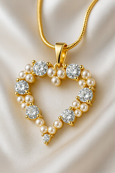 A-STİL TAKI Women's Gift Box Zircon Stone Pearl Heart Steel Necklace