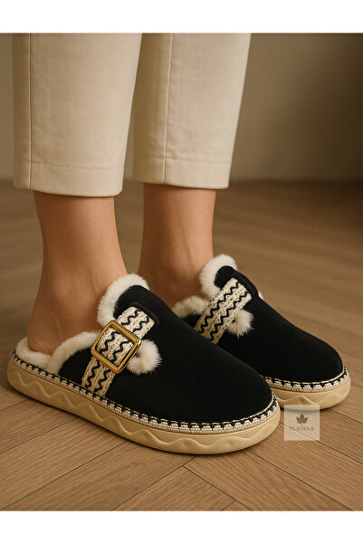 Platana شباشب منزلية شتوية سوداء من الفرو الصناعي اليومي