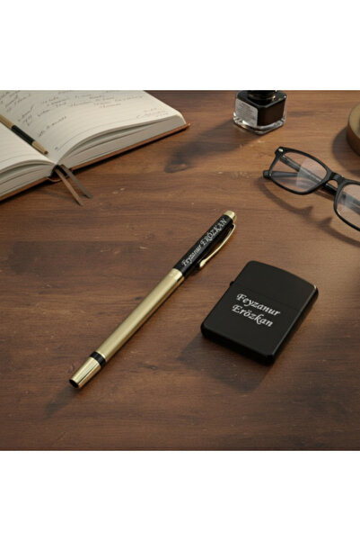 KARHEDİYE Kişiye Özel İsimli Kalem Ve Benzinli Siyah Metal Çakmak Hediye Seti