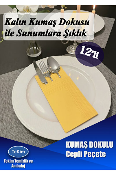 DUNİ Kalın Kumaş Dokulu Cepli Lüks Peçete 12li (sarı)