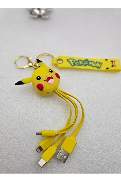 Pokemon Pikachu İPhone Micro Type-c Şarj Çoklu Şarz Kablosu Anahtarlık Hediyelik