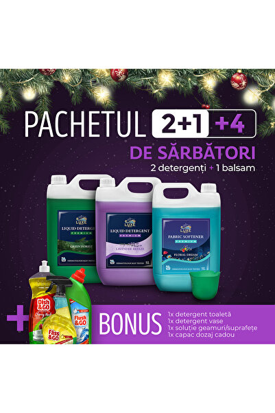 Luxe Wash Pachet 10L Detergenti + 5L Balsam + Cupa Dozaj, Solutie Toaleta, Solutie Vase si Solutie Geamuri