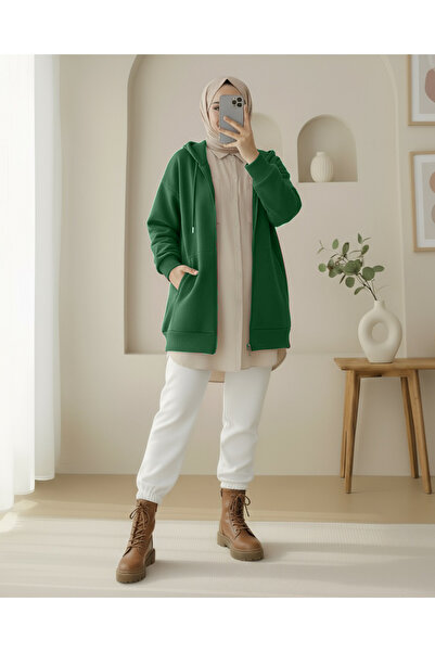Modamorfo Hooded Pocket Zippered Fleece-Lined Sweat - Emerald