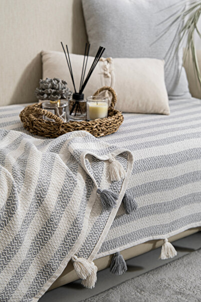 Lux Touch Husa de canapea cu pompon gri Liva - 115x200cm Canapea Duvan, fotoliu canapea extensibilă și șal smoc