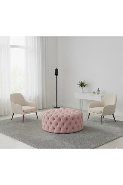 Ebrar Home Design Kadife Chester Yuvarlak Puf Oturma & Orta Sehpa Kapitoneli Puf