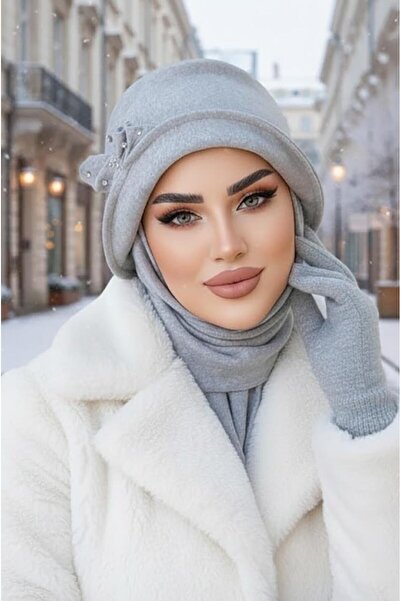 Aişe tesettür Gri Taşlı Aksesuarlı Vintage Şapka