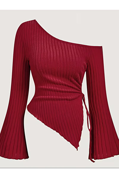 Marin Star Γυναικεία μπλούζα με ασύμμετρο μονόχρωμο πλεκτό χρώμα με ισπανικό μανίκι και λεπτομέρεια με κορδόνι