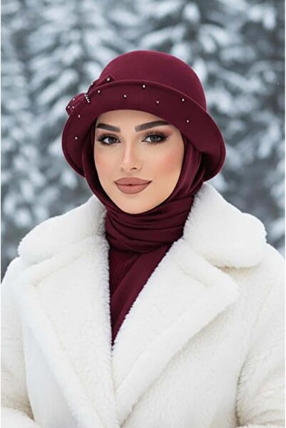 Aişe tesettür Bordo Taş Detay Vintage Şapka