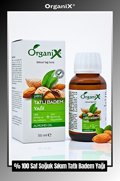 Organix %100 Saf Tatlı Badem Yağı 50 ml - Cilt ve Saç Bakım Yağı, Nemlendirici, Besleyici, E Vitamini