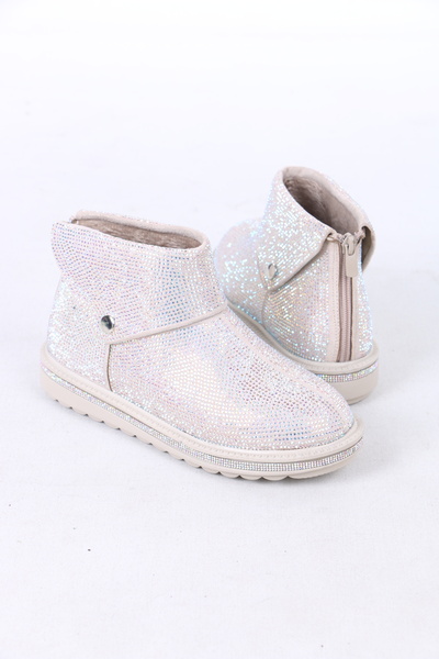 lolyvibe Kadın Açık Bej Rengi Bot Kürklü Kristal Taşlı Arka Fermuarlı ve Yan ...