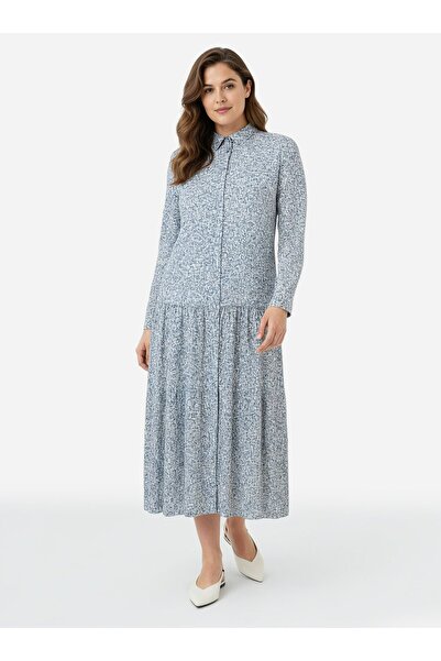 ALİA Large Size Floral Patterned Dress with Natural Fabric - Blue - Alia