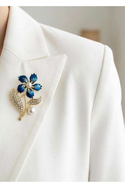 MODAMİRA AKSESUAR Taş Detaylı | Çiçek Broş | Boy:5cm-En:3cm | Renk Lacivert