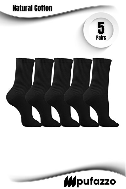 PUFAZZO Унисекс черни тенис спортни чорапи, комплект от 5 чифта – естествен памук, без шевове, подметка от хавлия, колежански чорапи