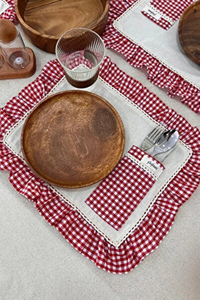 KaiHome خدمة من الكتان الخام مكونة من 4 قطع - طبق أمريكي مزود بجيوب وتفاصيل مكشكشة مربعة