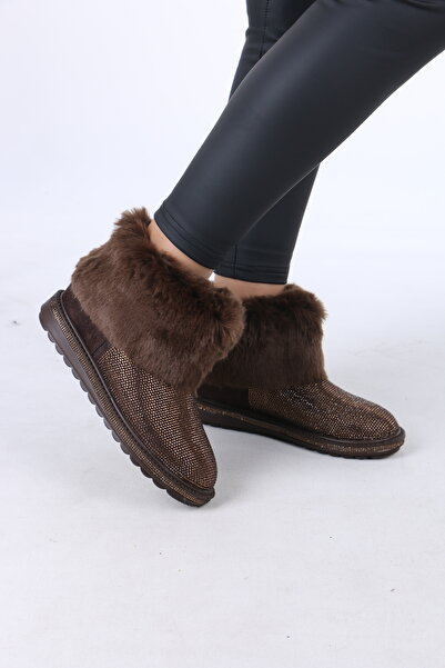 lolyvibe Kadın Kışlık Kürklü ve Işıltılı Taşlı Bot – Kahverengi