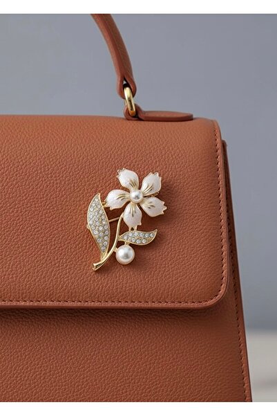 MODAMİRA AKSESUAR Taş Detaylı | Çiçek Broş | Boy:5cm-En:3cm | Renk Krem