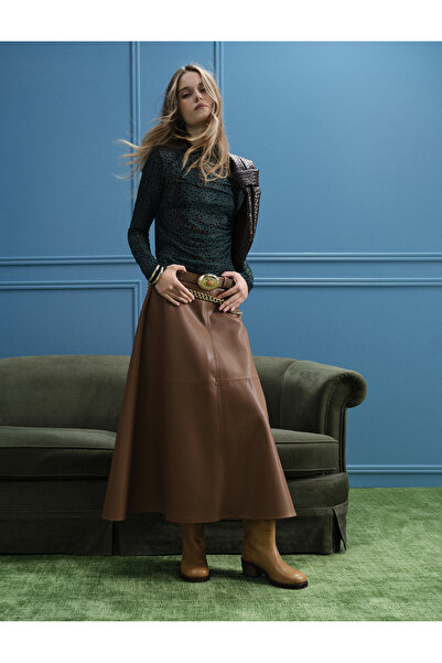 Koton X Melis Ağazat - Volanlı Kloş Kesim Midi Suni Deri Etek