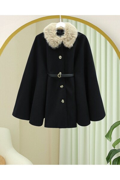 Modamorfo Buttoned Cashmere Poncho with Fur Collar and Belted Waist - Black