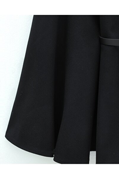 Modamorfo Buttoned Cashmere Poncho with Fur Collar and Belted Waist - Black