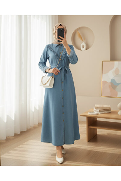 Modamorfo Džínové šaty s dlouhým pasem na knoflíky - modré