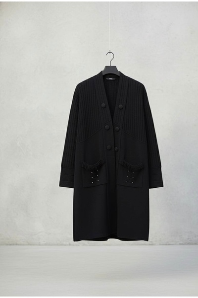 YusGos Women's Hijab Button Detailed Pocket Pearl Double Pocket Mother Cardigan