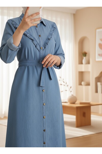 Modamorfo Džínové šaty s dlouhým pasem na knoflíky - modré