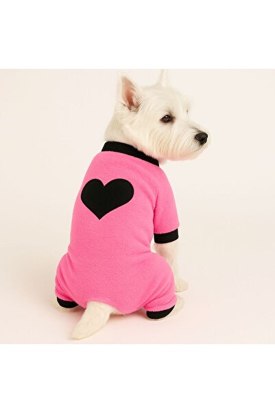 DOGİ&DOG Small Breed Neon Pink Plush Heart Detailed Dog Jumpsuit Dog Outfit (...