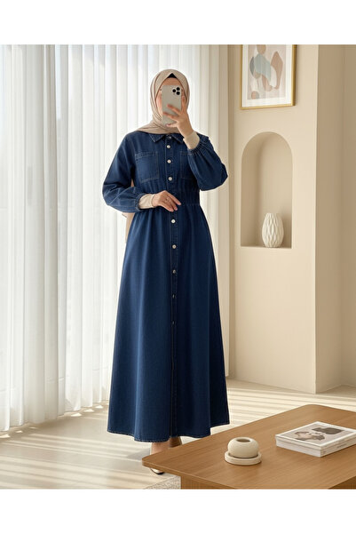 Modamorfo Denim Dress with Elastic Waist and Side Pockets - Navy